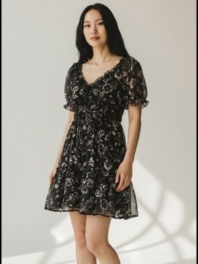 Black Floral Ruffle Short Dress